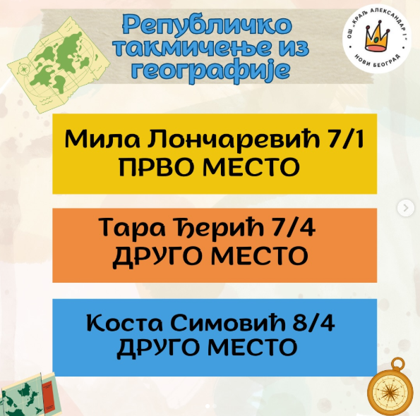 РЕПУБЛИЧКО ТАКМИЧЕЊЕ ИЗ ГЕОГРАФИЈЕ: Три медаље за нашу школу